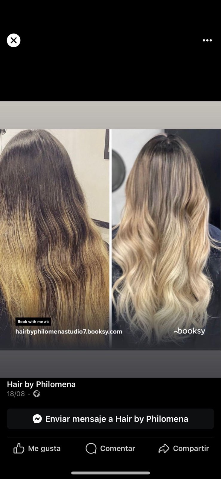 Split-screen hair transformation: dark, frizzy hair to long, wavy blonde balayage.
