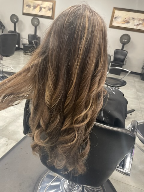 Long, wavy brown hair with blonde highlights seen from behind in a salon chair