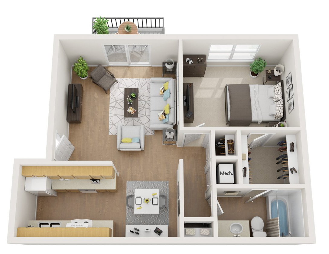 1 Bed, 1 Bath Floor Plan 2