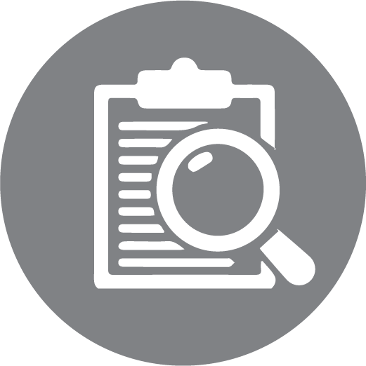 A clipboard with a magnifying glass on it in a circle.
