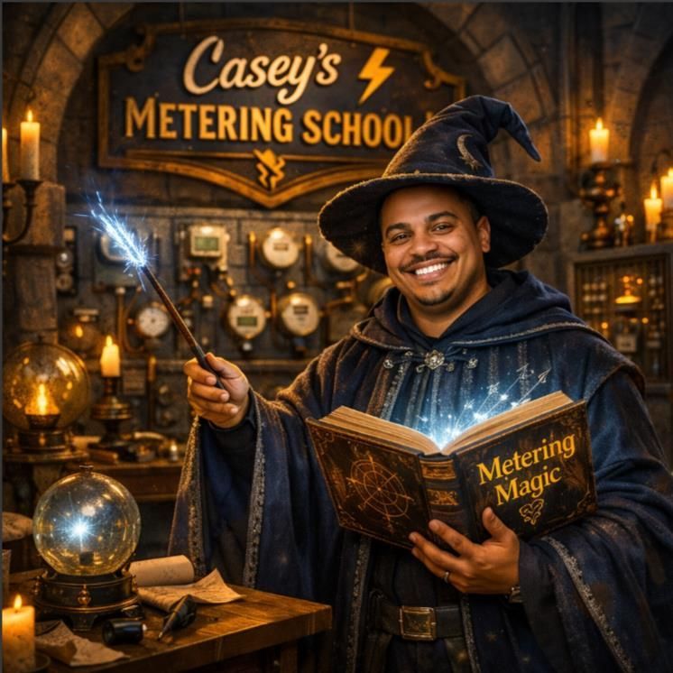 A smiling wizard holding a wand and a book titled 