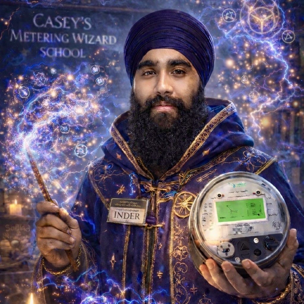 Man with beard wearing wizard robes, turban, holding a wand and a meter. Electric spell effects and 
