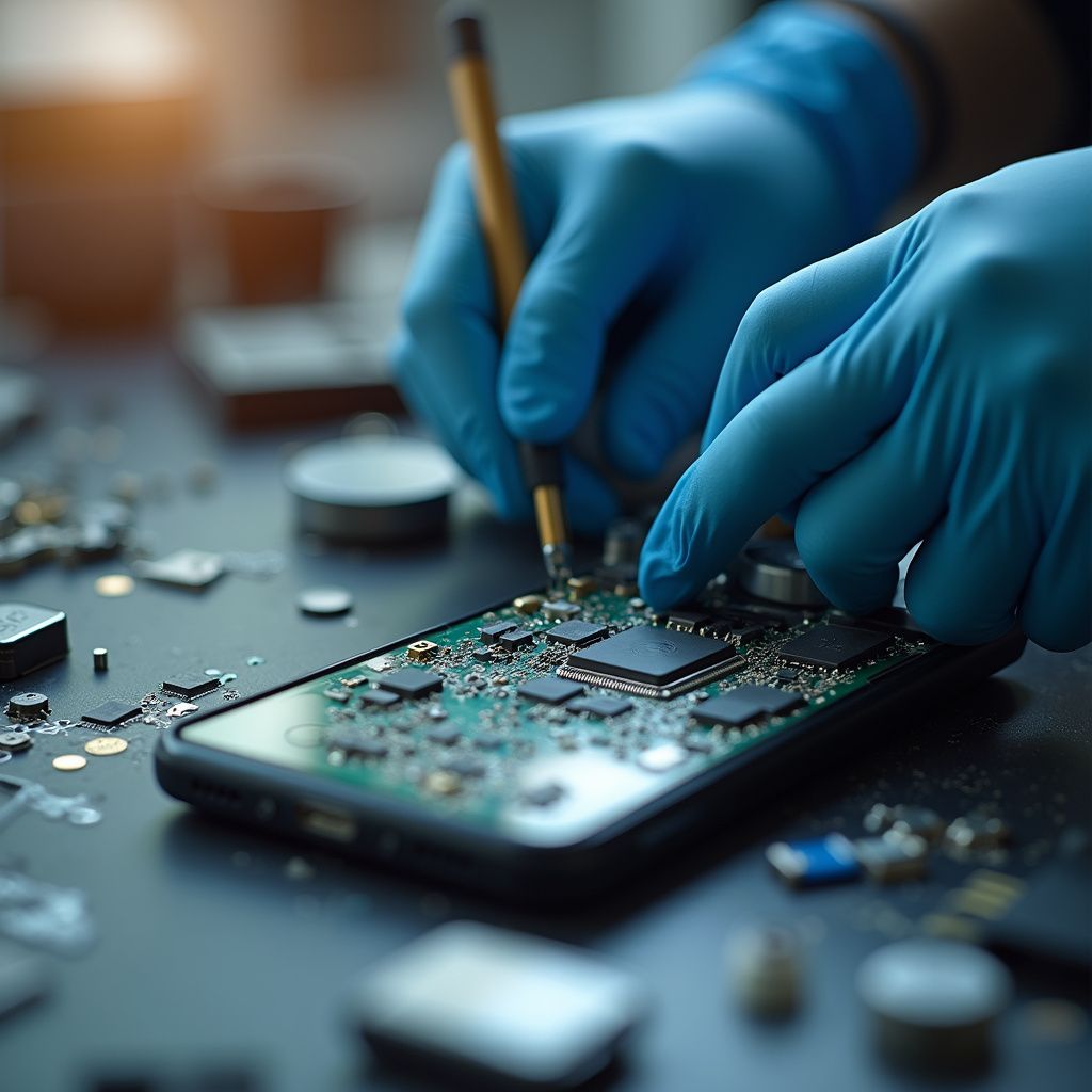 Hände mit blauen Handschuhen reparieren mit einem Werkzeug auf einem Tisch eine Platine.