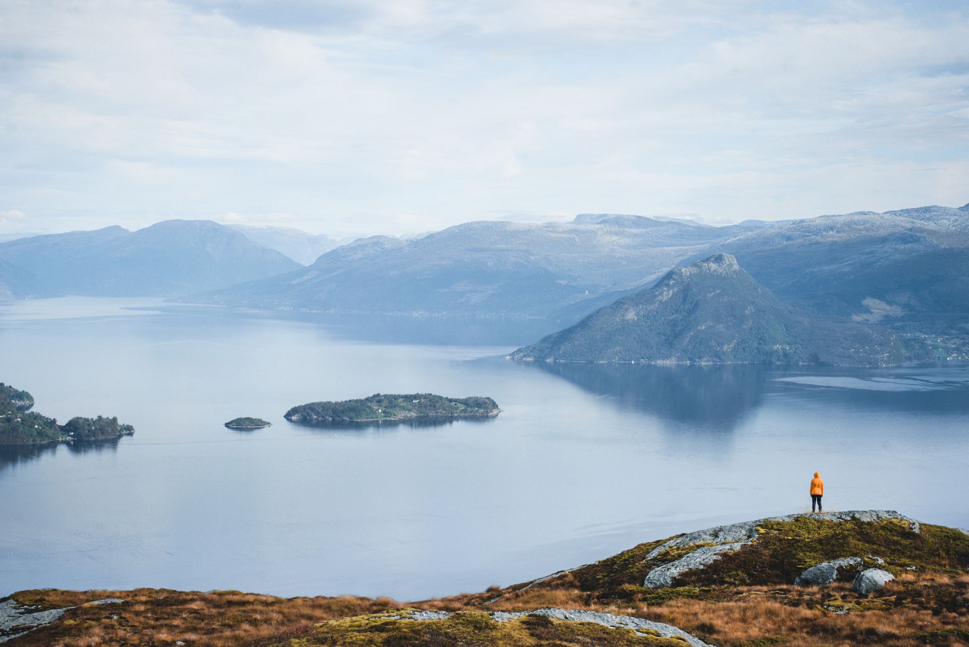 A boy enjoying the view from Mt. Hellefjellet in Norheimsund.