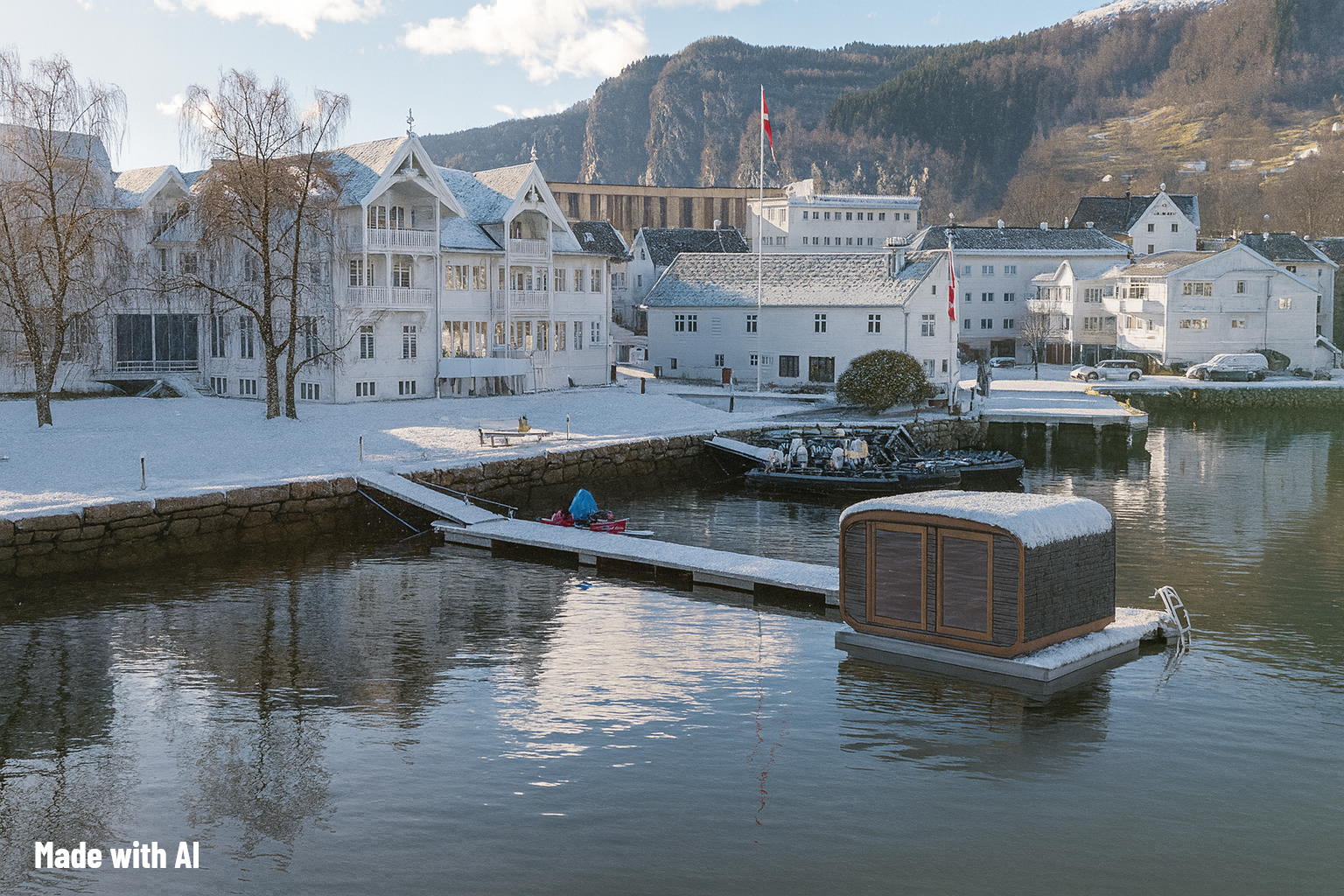 Fjord sauna in Norheimsund in winter.