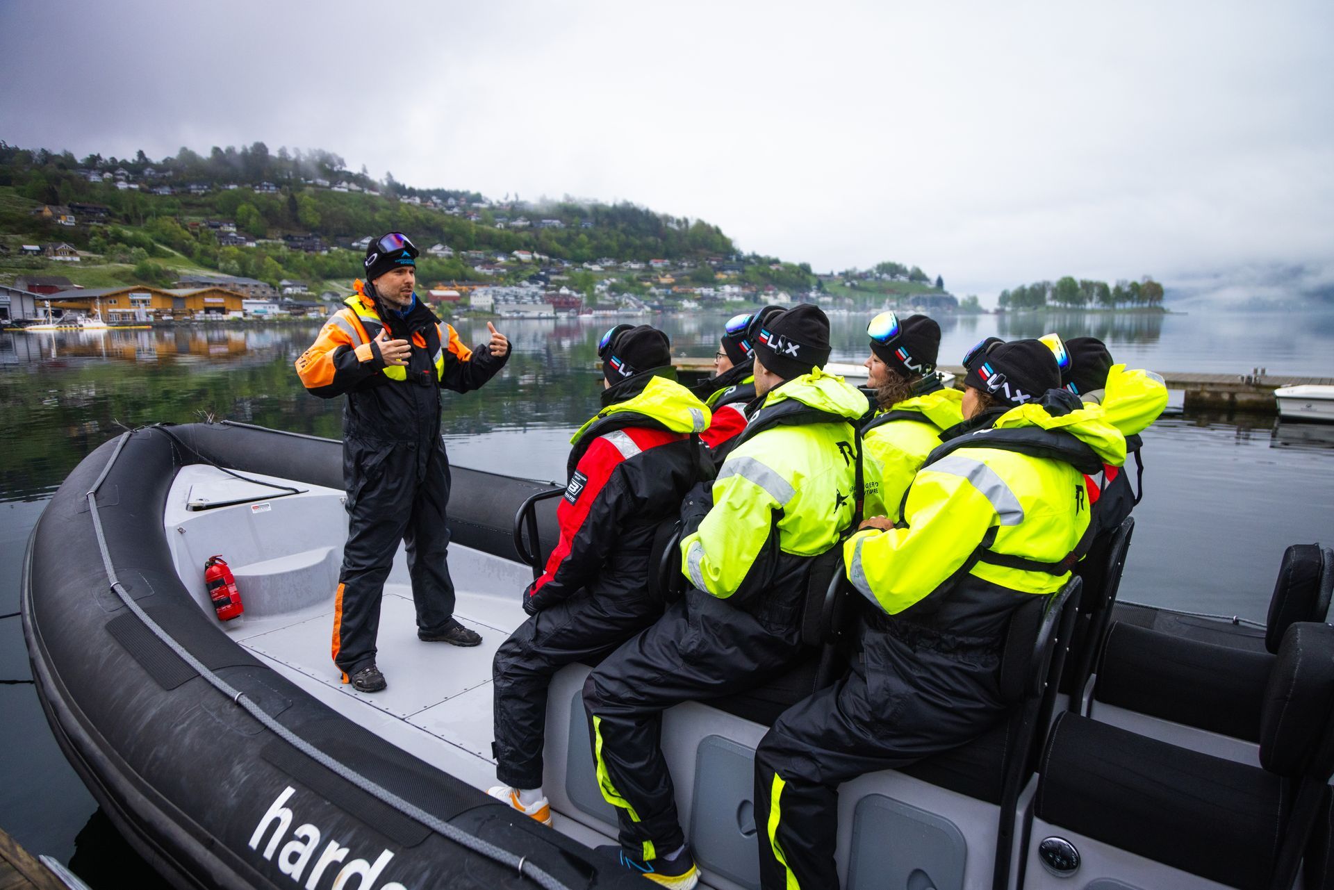 A RIB captain doing a safety brief in the boat