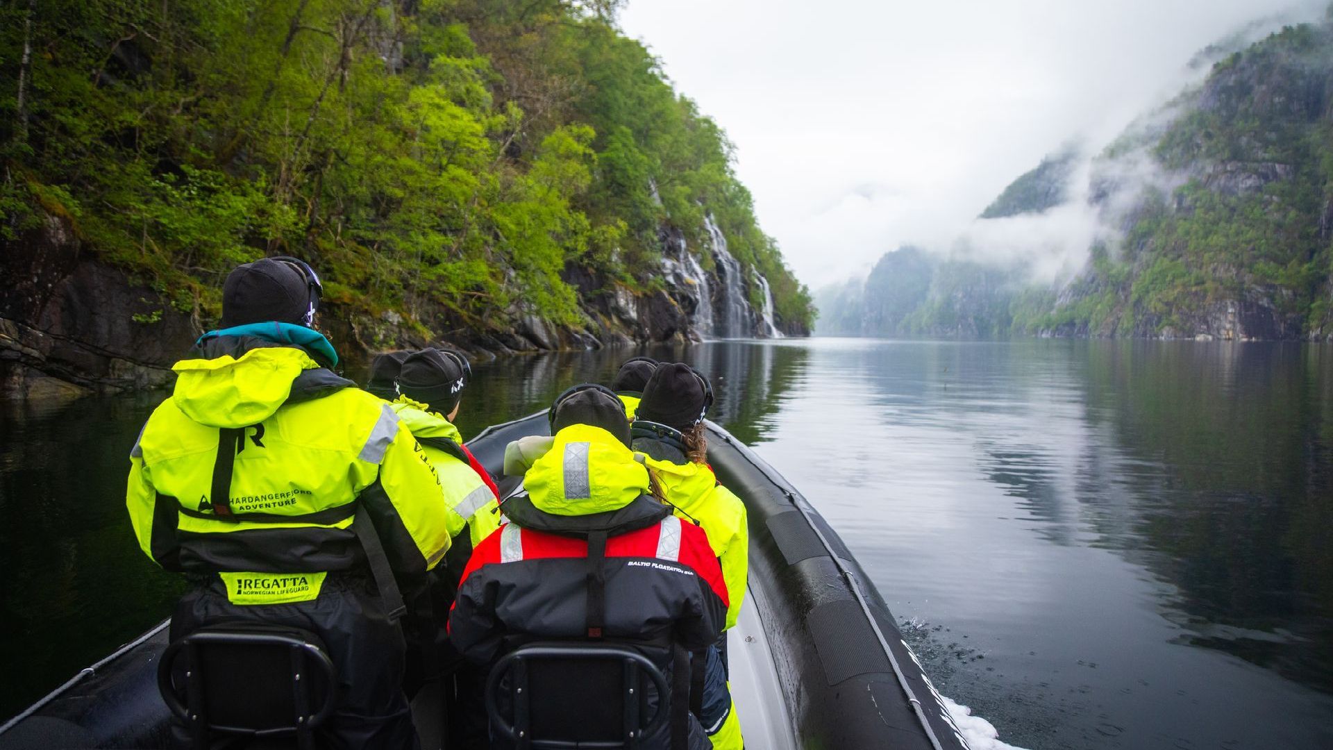 People on a RIB boat in Fyksesund, Hardangerfjord.