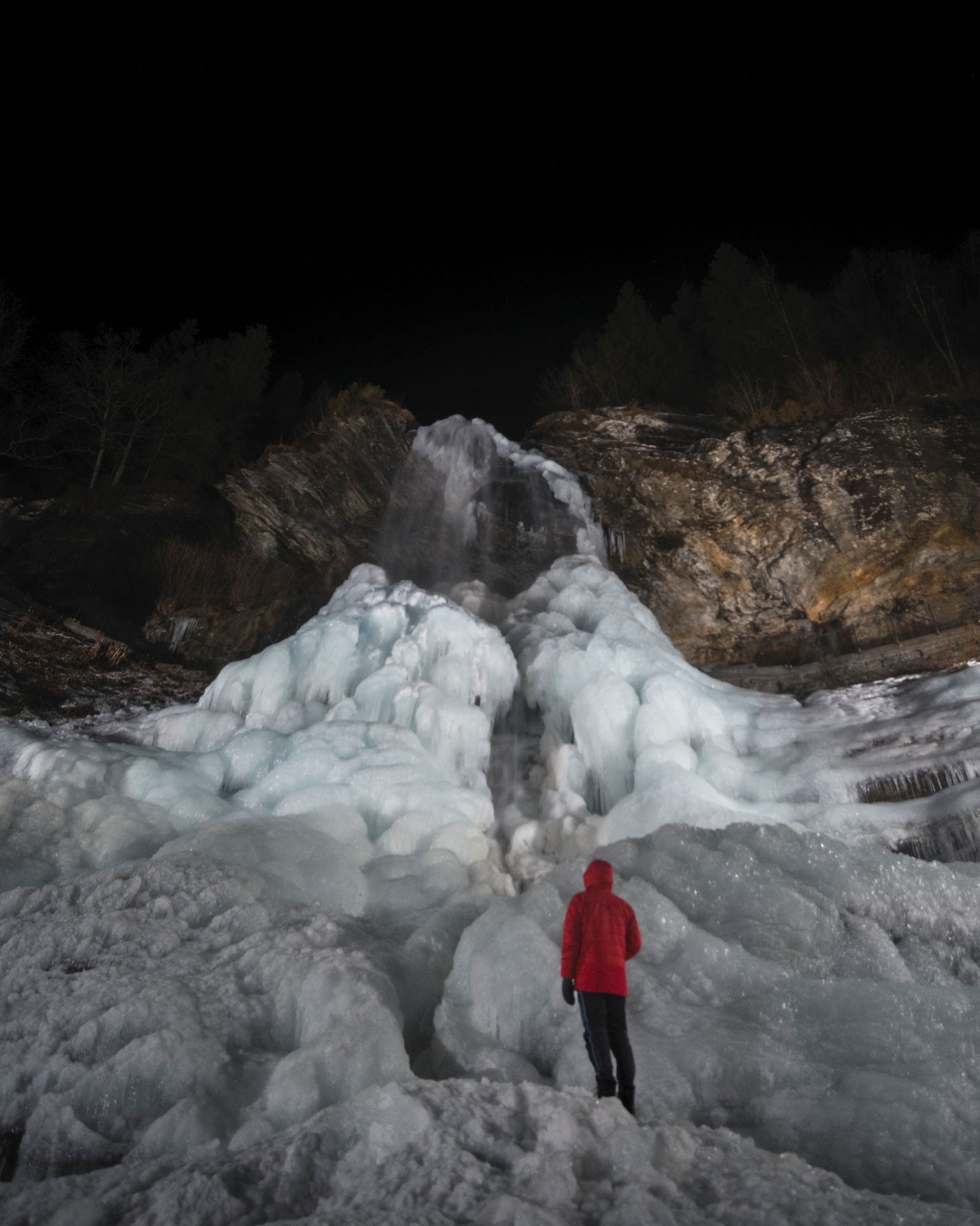 Steinsdalsfossen waterfall frozen in winter.