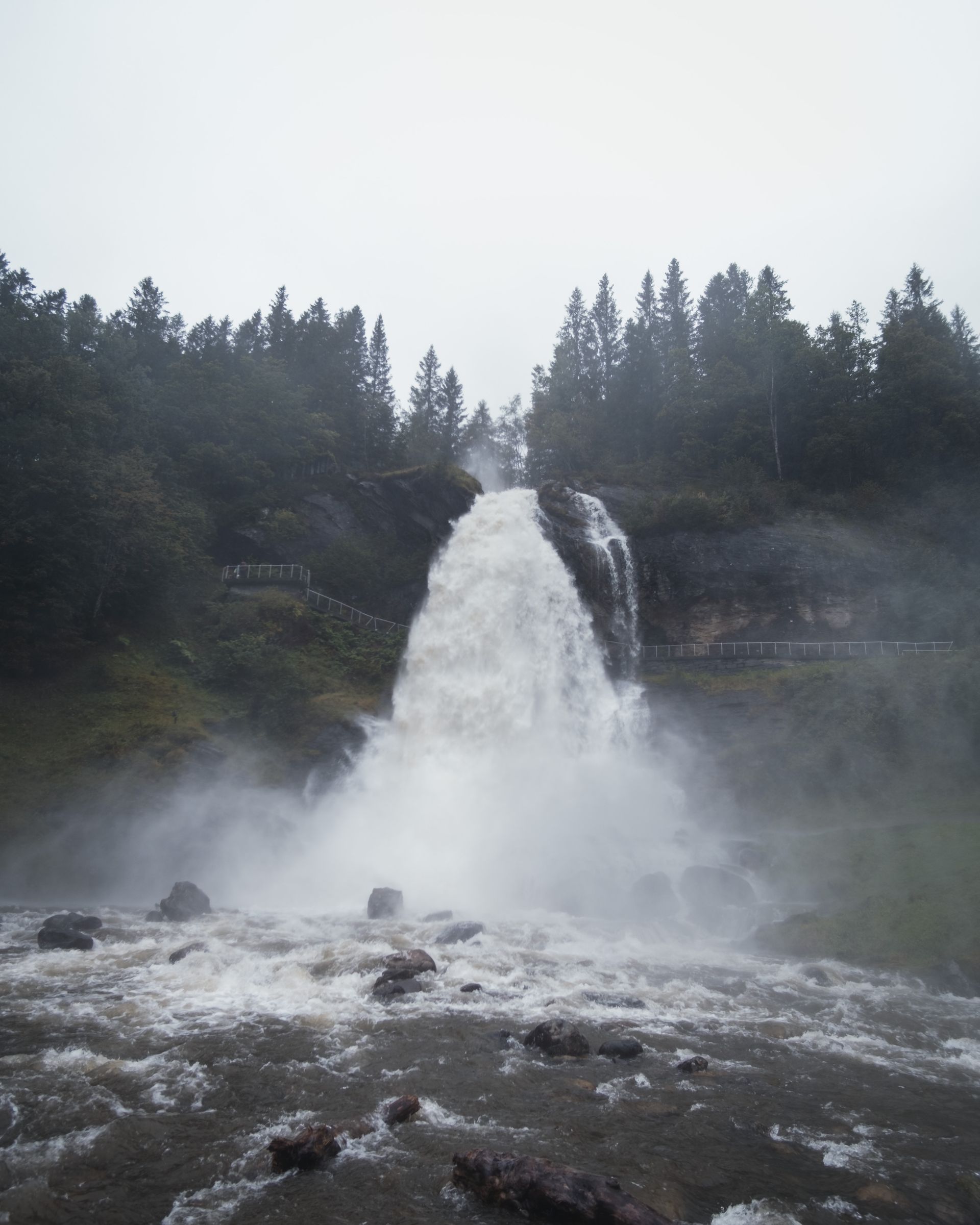 Waterfall crashing into a misty river, surrounded by dense evergreen forest under a gray rainy day.