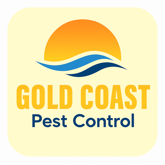 Gold Coast Pest Control logo: Sun over blue waves; text