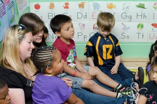 A Group of Children Are Sitting on The Floor in Front of A Alphabet Wall.