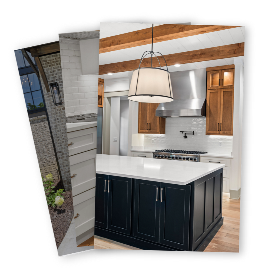 Modern kitchen with white countertops, dark island cabinets, wood ceiling beams, and stainless appliances