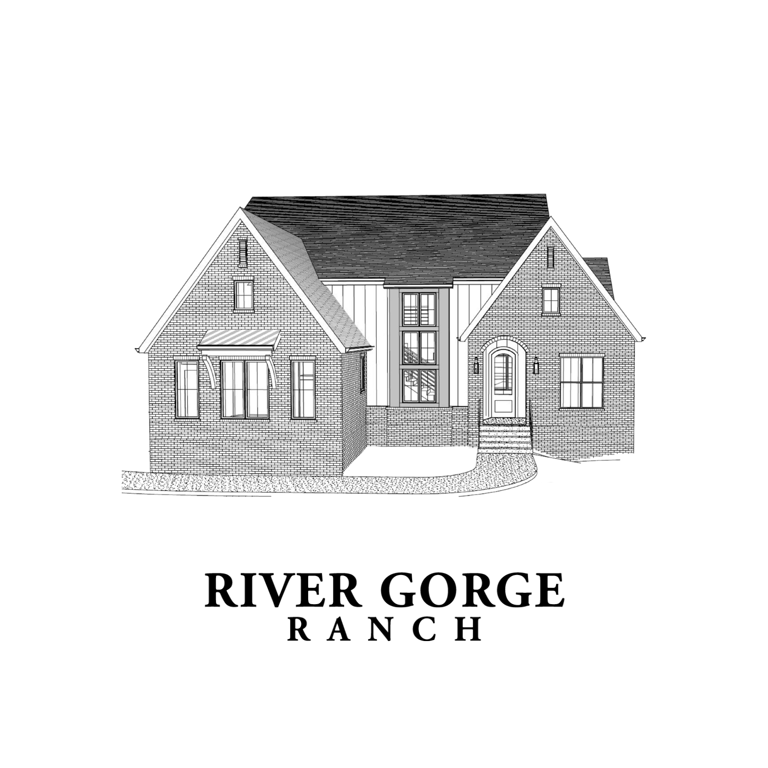 Black-and-white logo of a house with the text “River Gorge Ranch” beneath it
