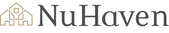 NuHaven logo with a tan house outline and stylized text on a white background