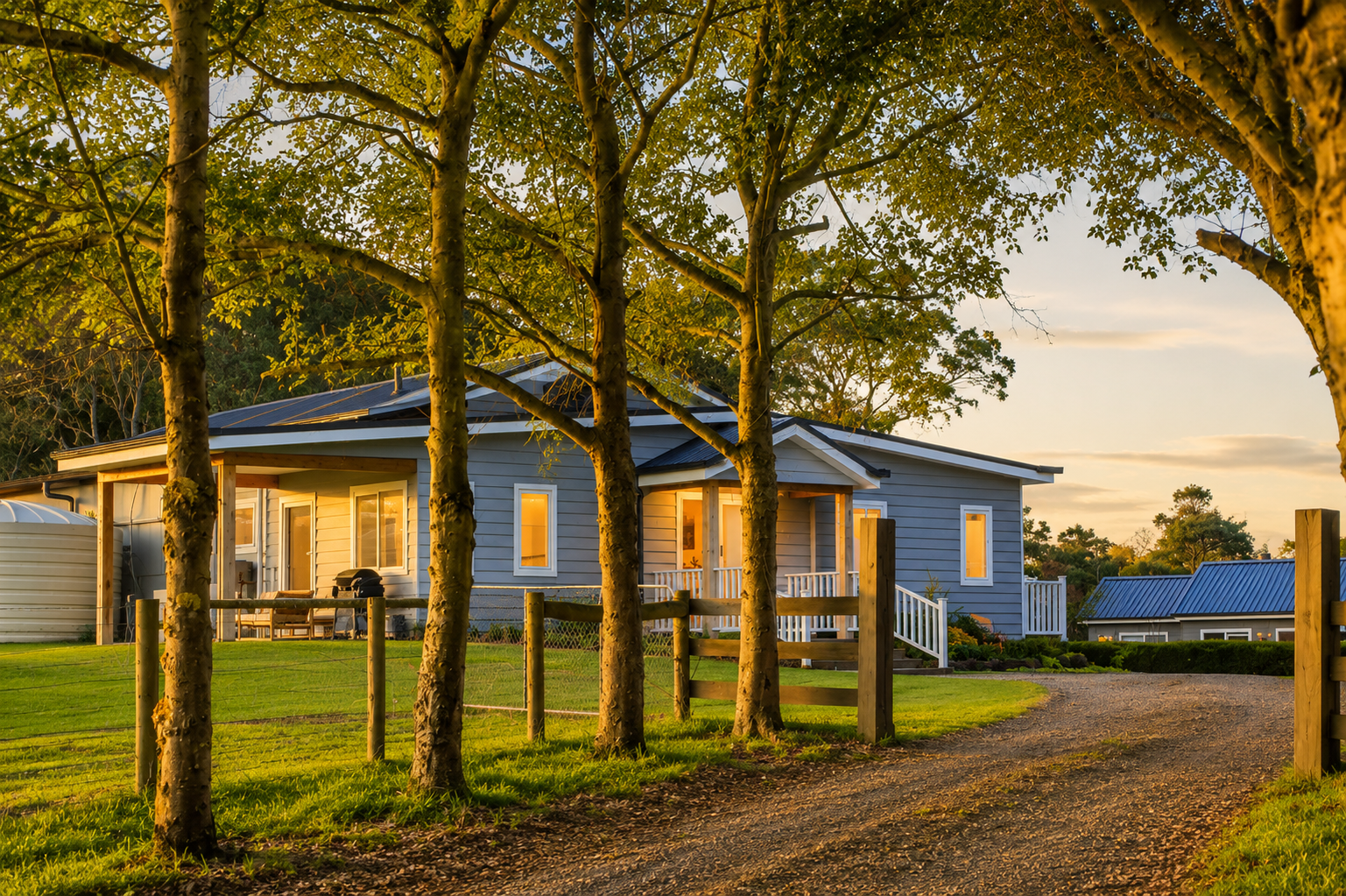 Blue house at sunset with lit windows, trees in front, and a gravel driveway under a warm sky