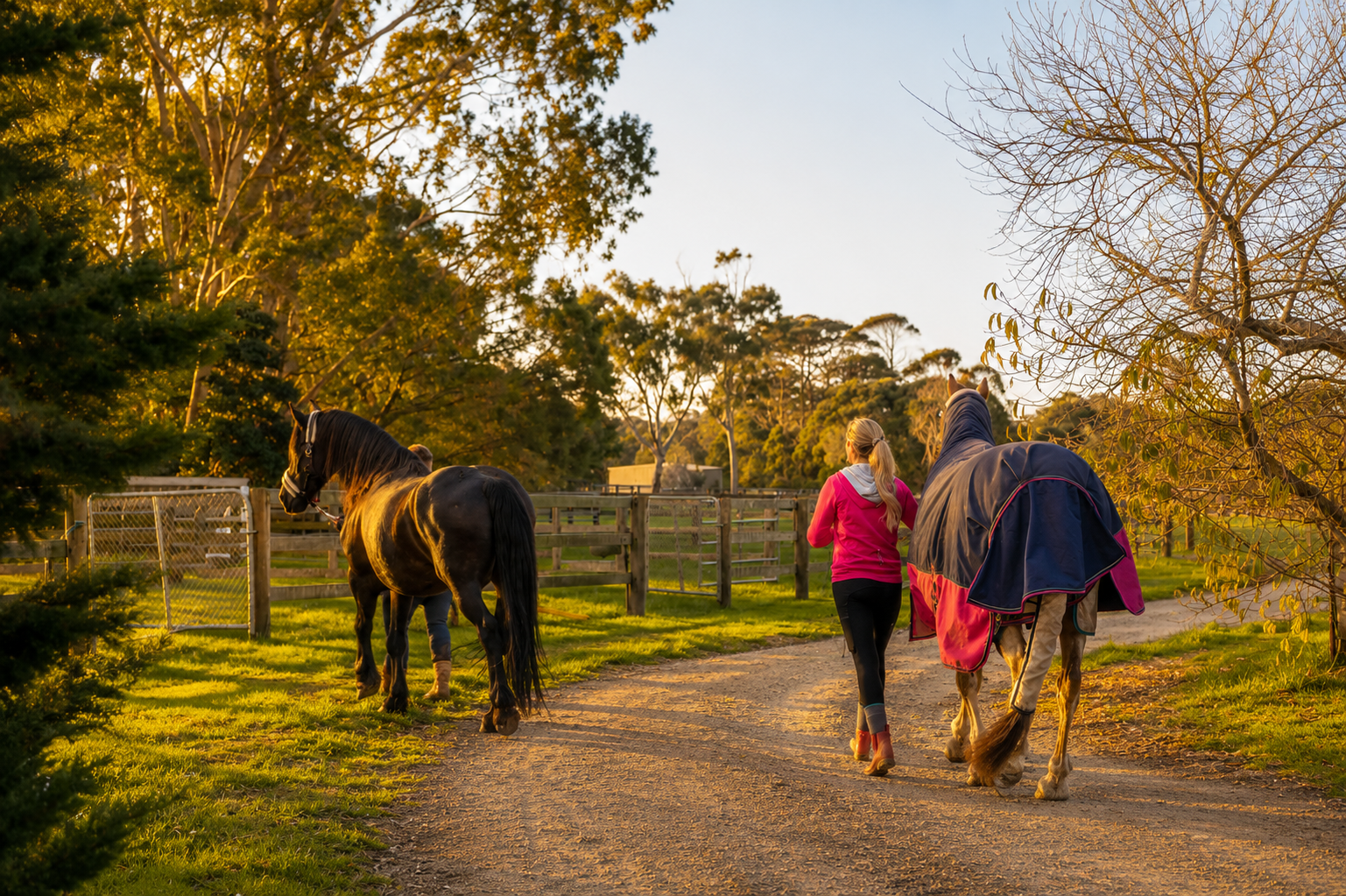 People walking two horses on a sunlit gravel path beside fenced paddocks and trees