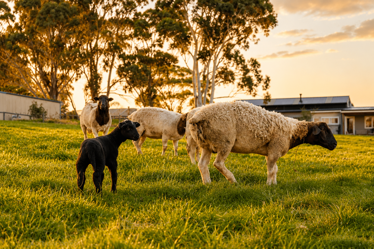 Sheep grazing on green grass at sunset with trees and houses in the background