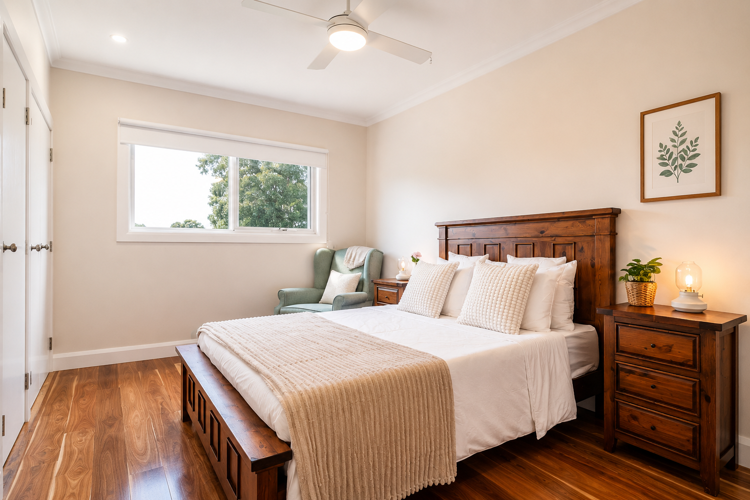 Bright bedroom with wooden bed, white bedding, nightstand, window, and ceiling fan