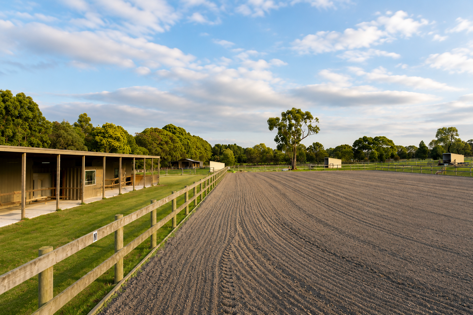 Outdoor riding arena with a gravel surface, wooden fence, and shaded stables beside green fields under a cloudy sky