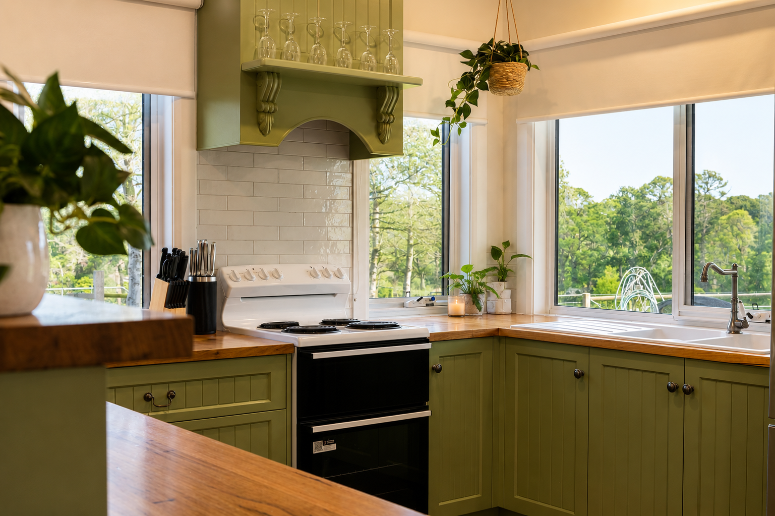 Bright kitchen with green cabinets, black stove, wooden counters, and large windows overlooking trees
