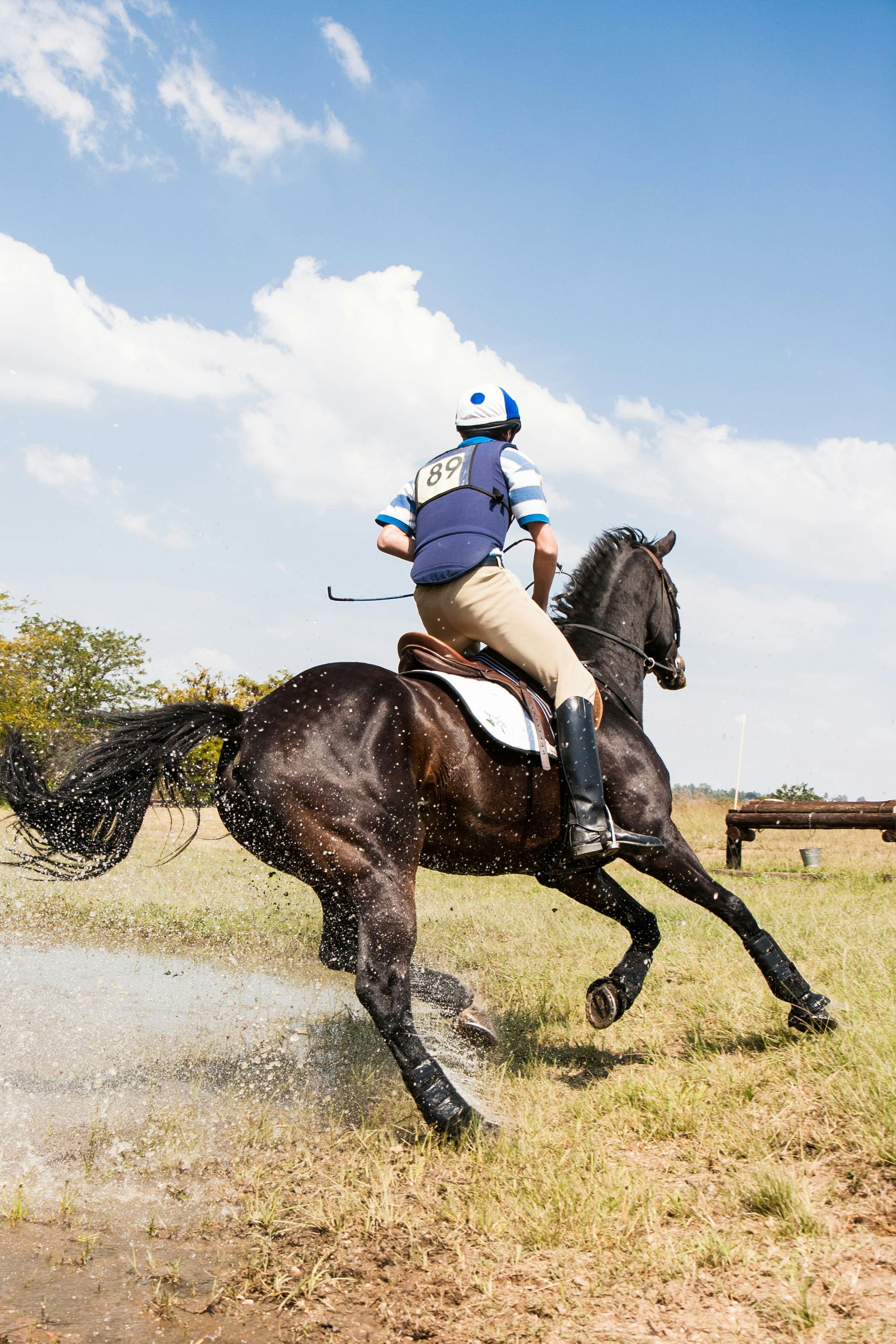 Person riding a dark horse through shallow water, splashing in a grassy field under a blue sky.