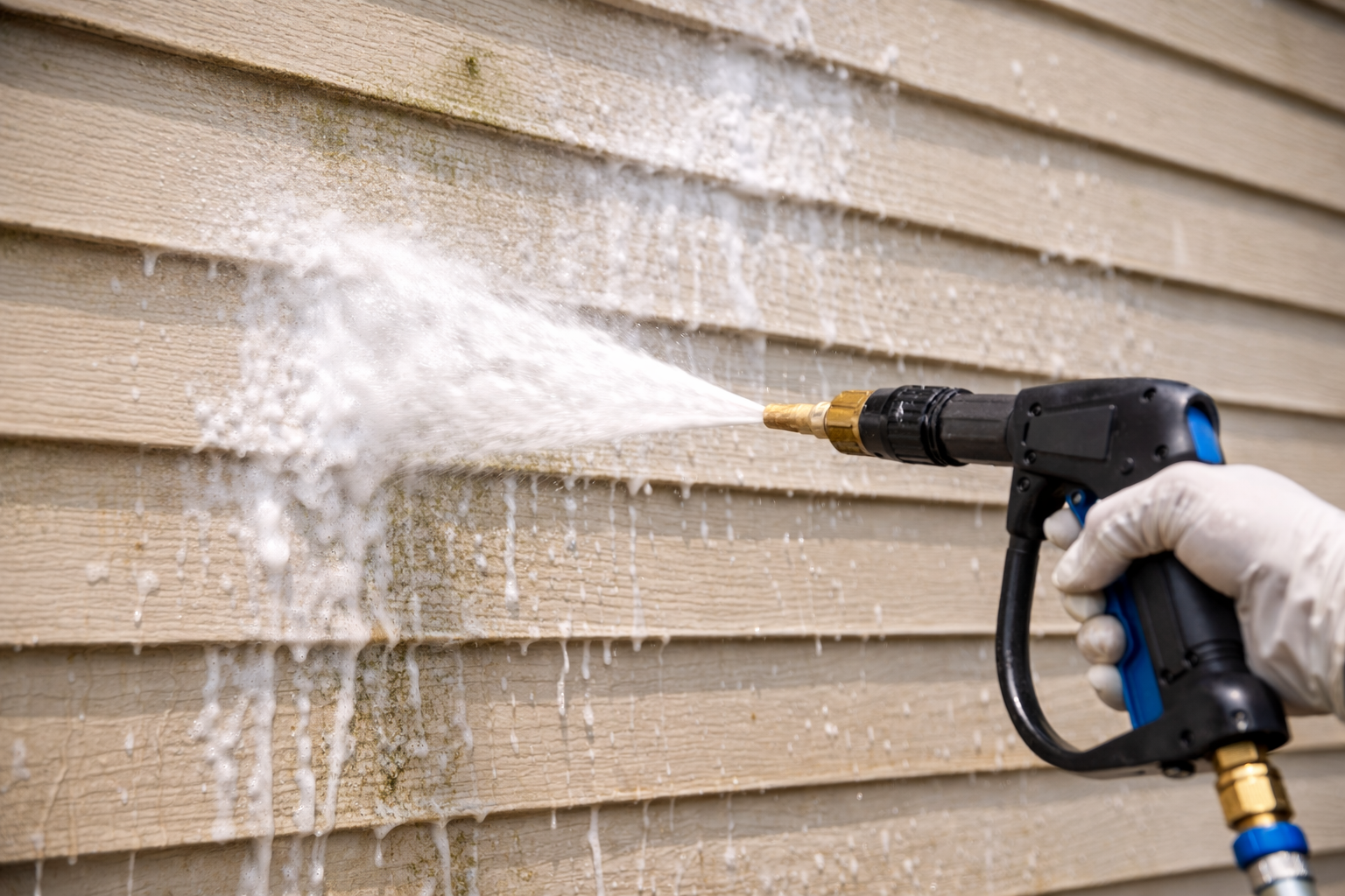A man is using a machine to clean a sidewalk