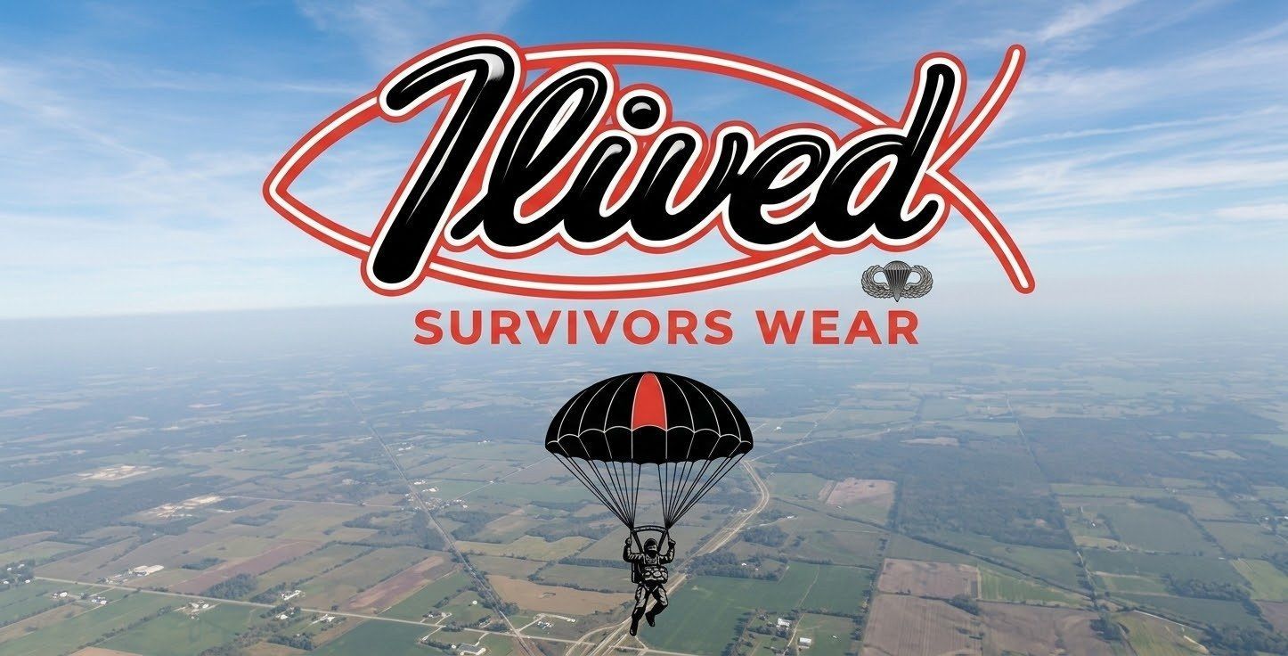 iLived Survivors Wear logo above a paratrooper descending over farmland