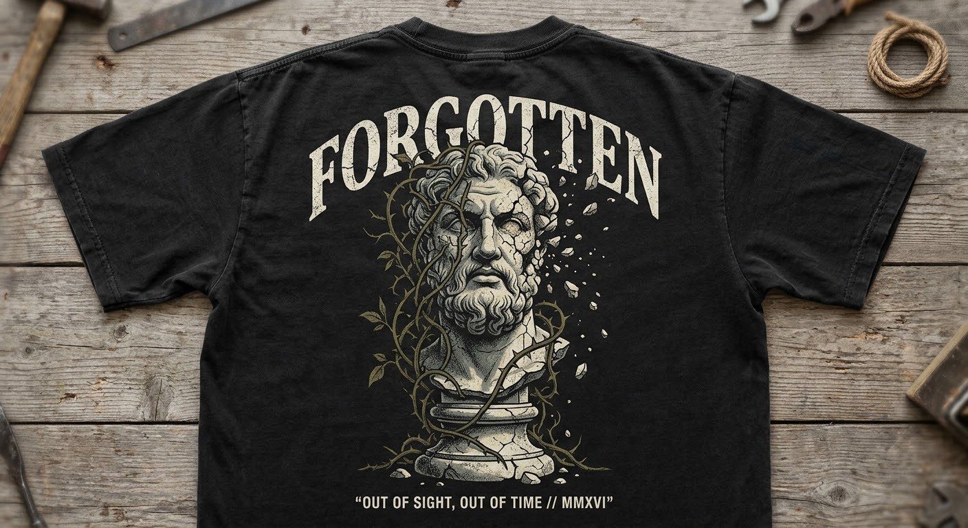 Forgotten cracked statue design on the back of a black T shirt