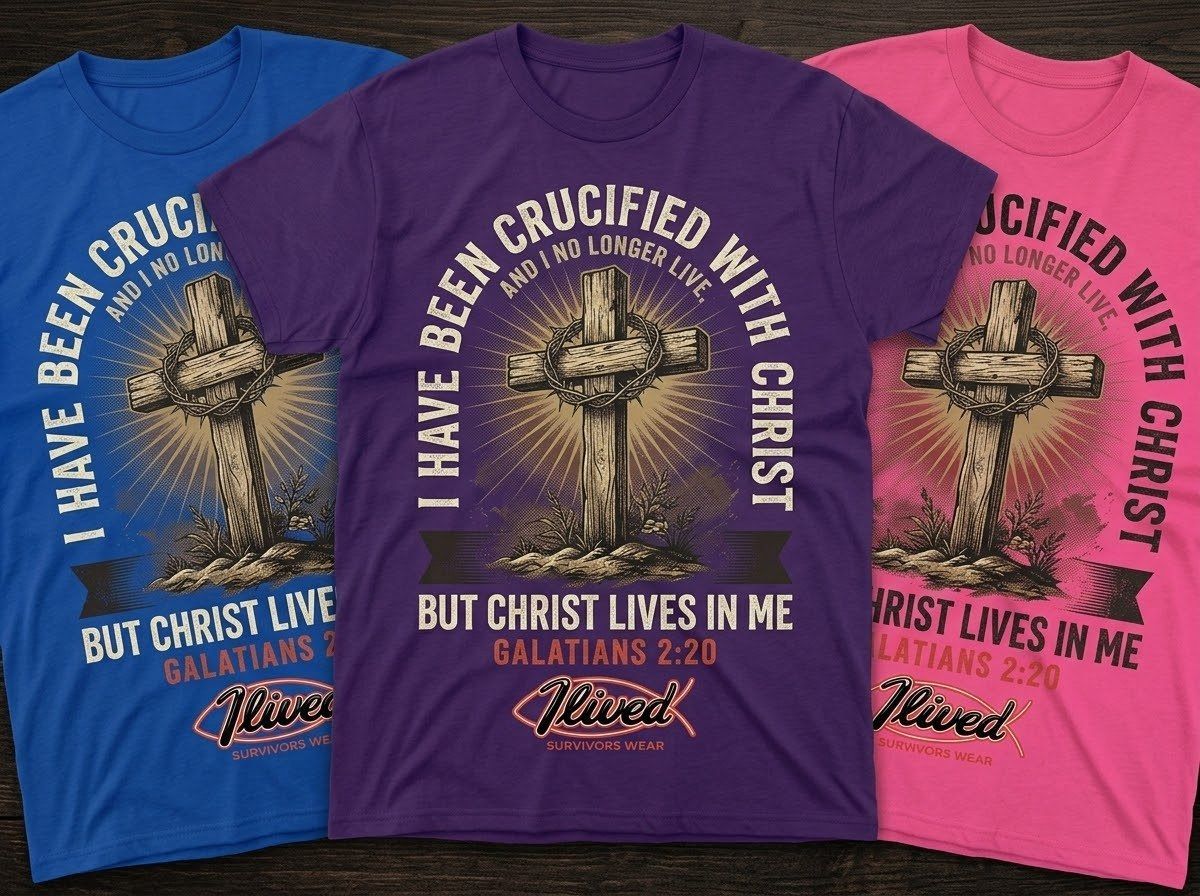 Galatians 2:20 cross design on blue, purple and pink T shirts