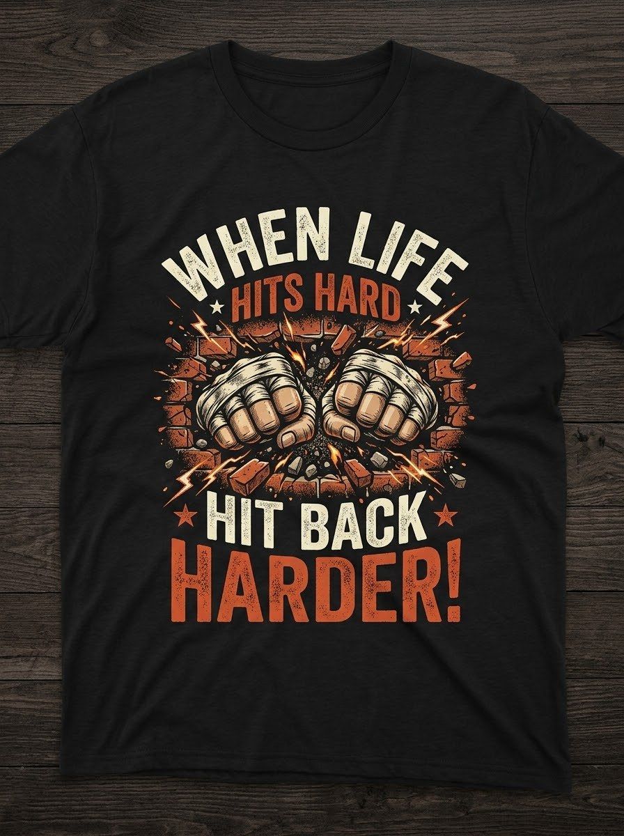 When Life Hits Hard, Hit Back Harder design on a black T shirt