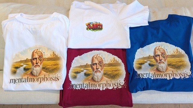 Mentalmorphosis design on white, maroon and blue T shirts