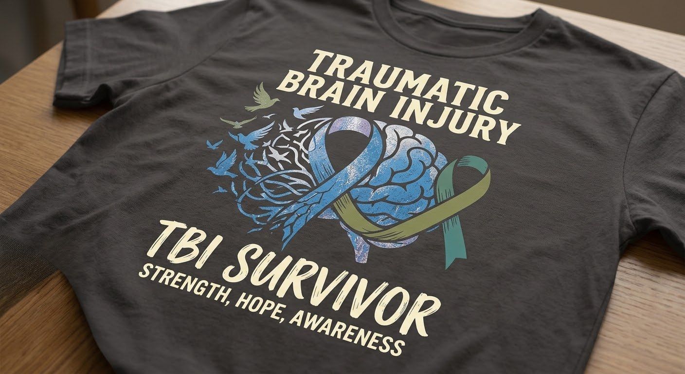 Traumatic Brain Injury, TBI Survivor design on a charcoal T shirt