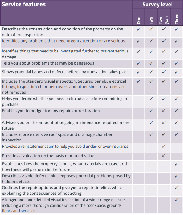 Table comparing service features with survey levels, using checkmarks to indicate which features are included at each level.