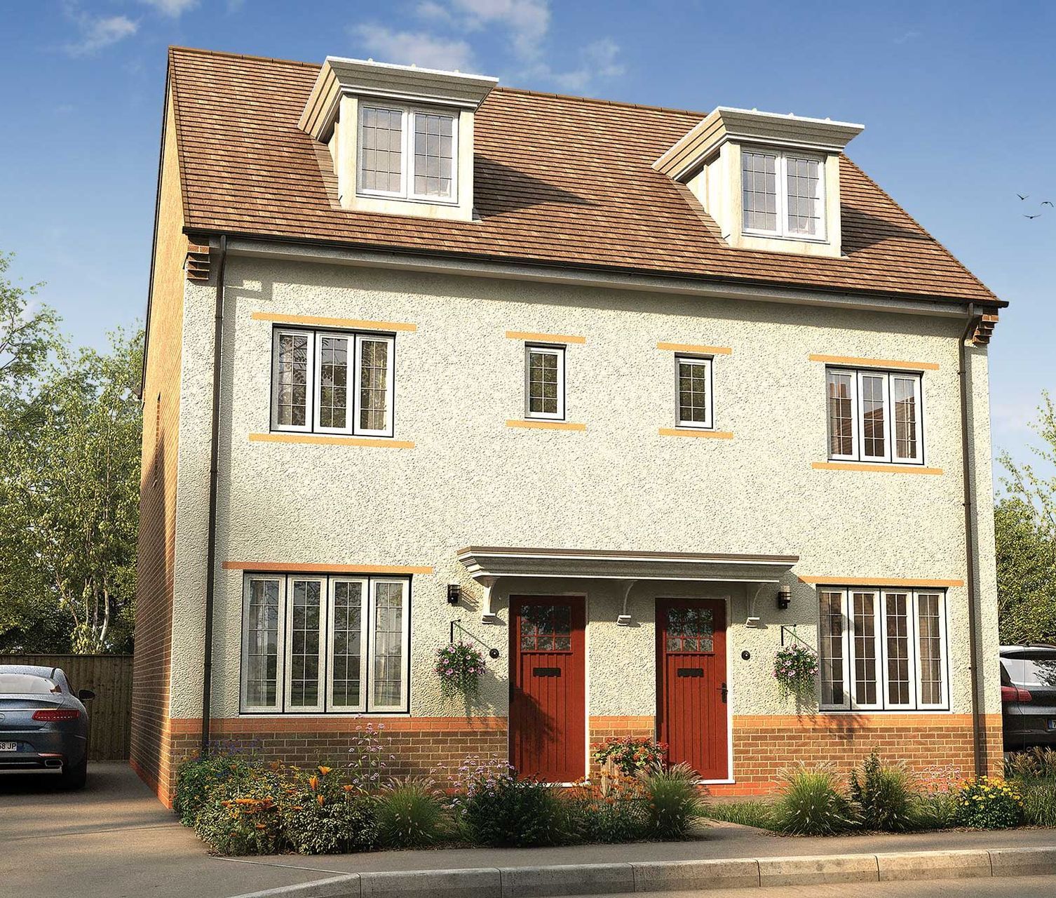 Two-story semi-detached house with red doors, stucco facade, brown roof and brick base.