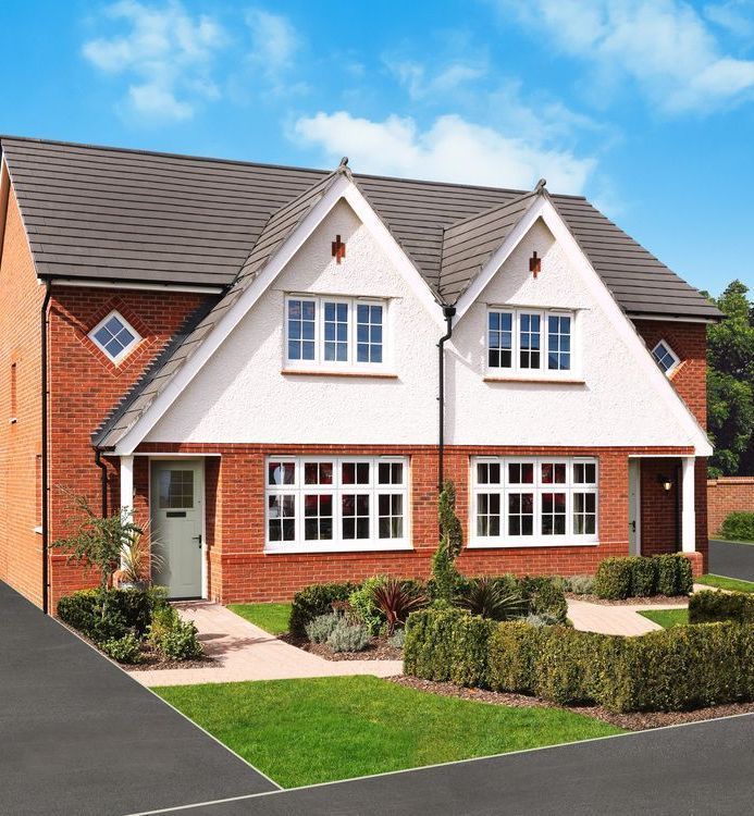 Semi-detached house with brick facade, white gables, and green door under a blue sky.