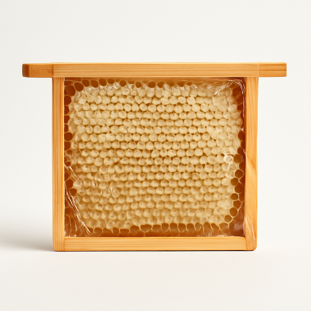 Honingraat in een houten frame, beige van kleur, met afzonderlijke zeshoekige cellen.