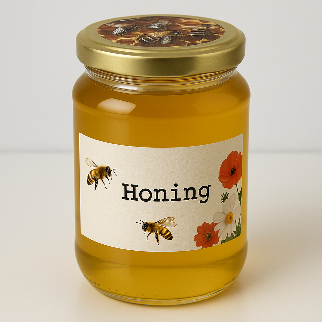 Pot honing met het opschrift "Honing", met bijen en bloemen op het etiket; goudkleurige vloeistof erin.