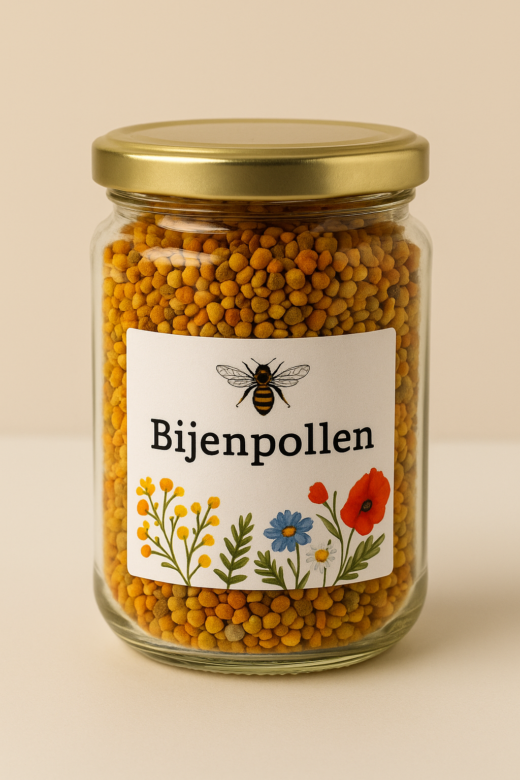 Potje "Bijenpollen" (bijenpollen) met een gouden deksel, etiket met bloemenmotief en geel-oranje pollen erin.