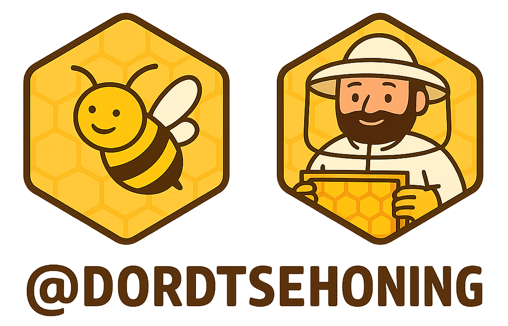 Twee iconen: een cartoonbij en een imker, beide in gele honingraatramen. Tekst: @DORDTSEHONING.