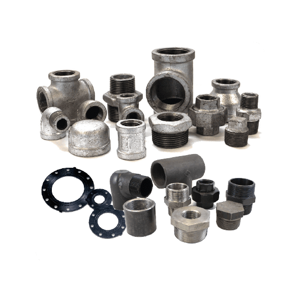 A bunch of different types of pipe fittings on a white background