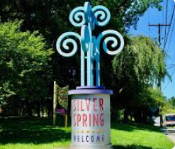 A welcome sign for silver spring is sitting in the grass. A welcome sign for silver spring is sitting in the grass.