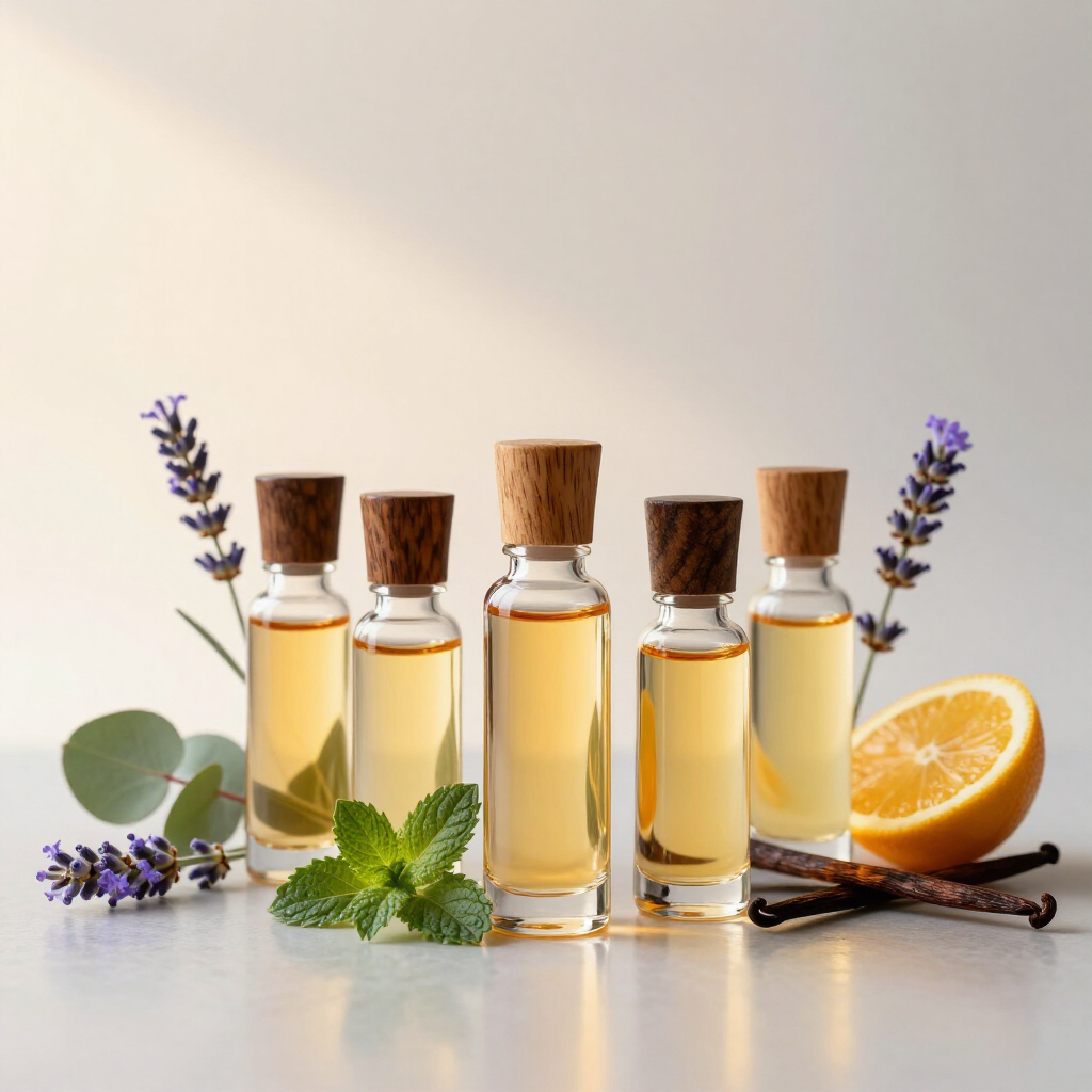 Cinque boccette di oli essenziali con tappi di sughero, rametti di lavanda, foglie di menta, baccelli di vaniglia e una fetta d'arancia su uno sfondo chiaro.
