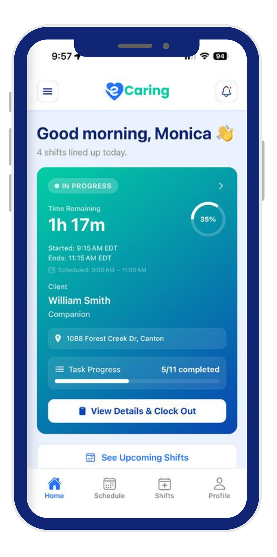 Caring app home screen with greeting, schedule card, and bottom navigation on a blue gradient background