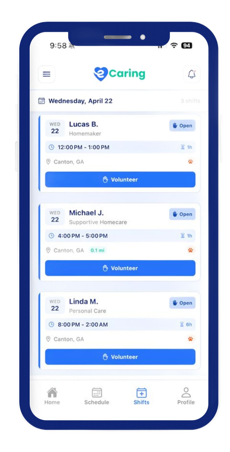 Mobile app screen with a list of student cards and blue buttons for viewing reports/status updates