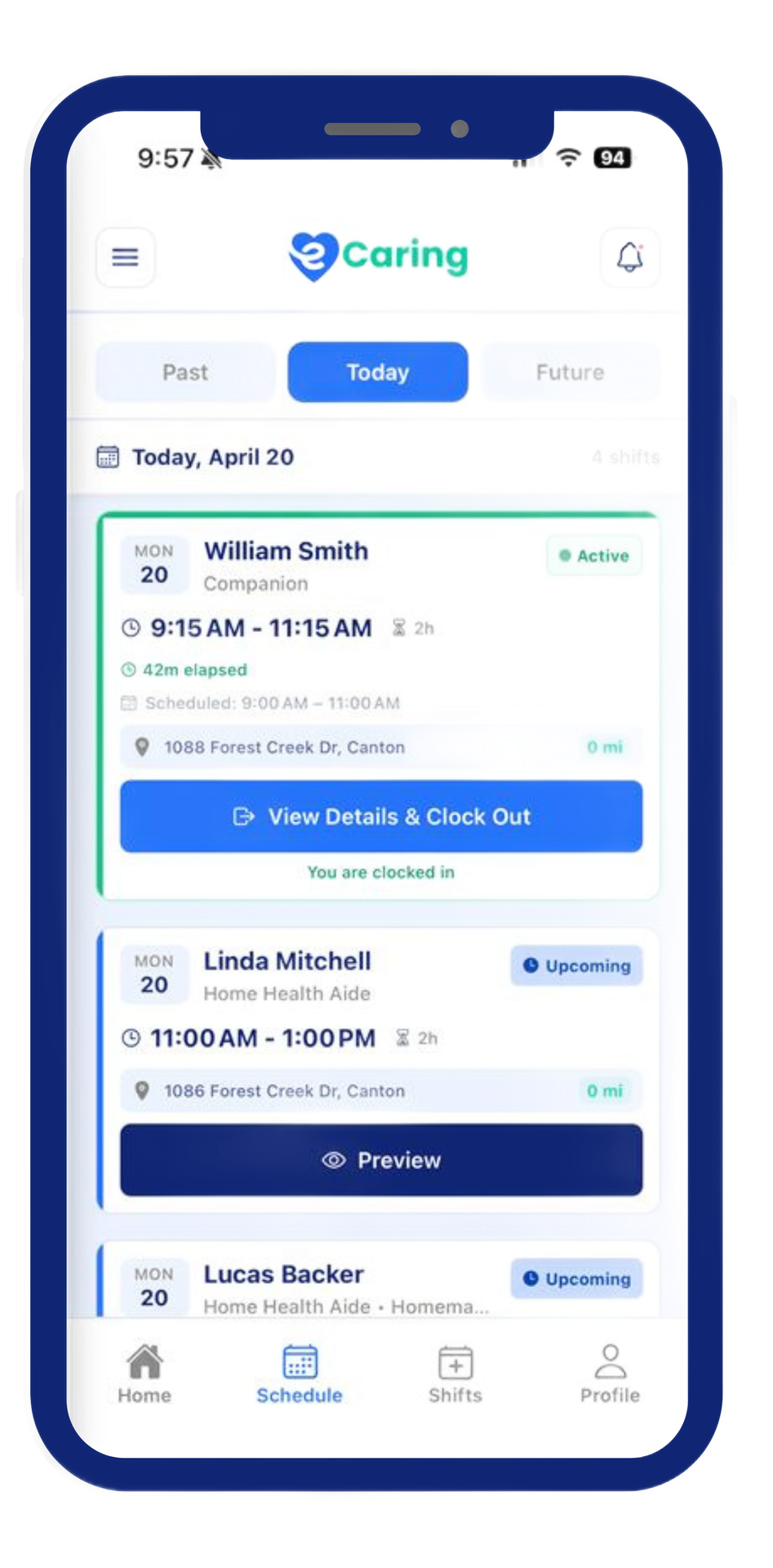 Blue Caring app home screen showing a schedule list and a large “New Schedule” button.