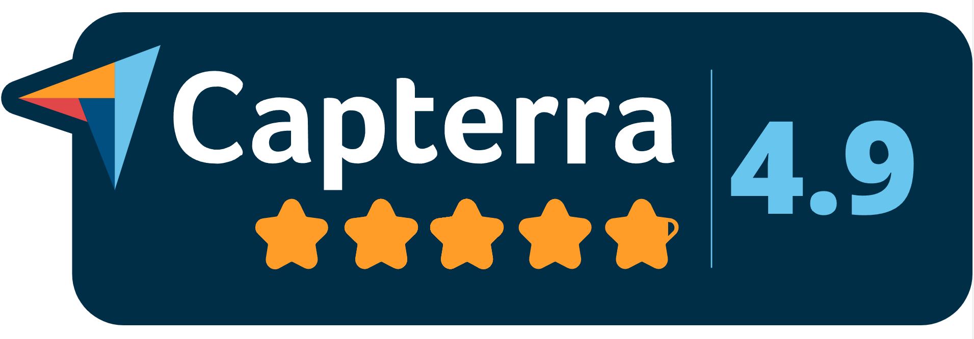 Capterra logo with a 4.9 rating and five orange stars on a dark blue background.