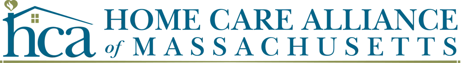 Home Care Alliance of Massachusetts logo in blue and gold with stylized “hca” initials