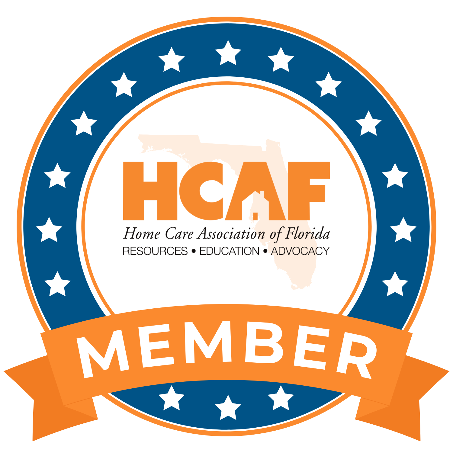 HCANF Member badge with blue and orange circular seal, stars, and ribbon logo