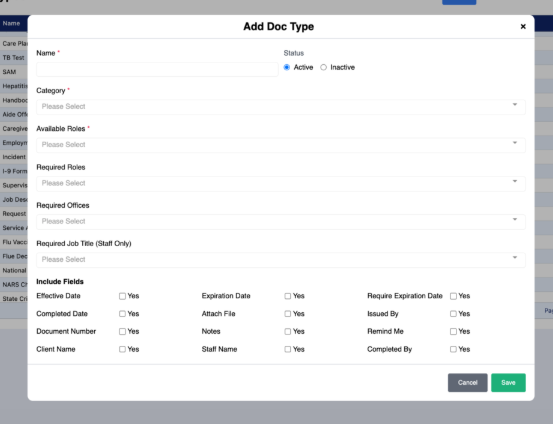 Add Doc Type form modal with multiple dropdown fields and Cancel/Save buttons