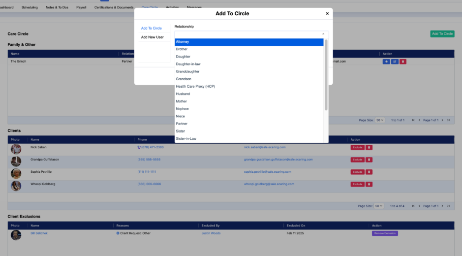 A web dashboard with a centered dropdown menu open over a table of user entries and action buttons.